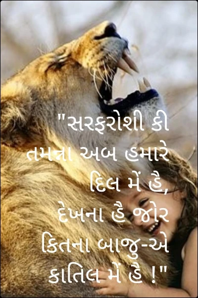 "સરફરોશી કી તમન્ના અબ હમારે દિલ મેં હૈ,
દેખના હૈ જોર કિતના બાજુ-એ કાતિલ મેં હૈ !"