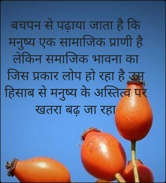 बचपन से पढ़ाया जाता है कि मनुष्य एक सामाजिक प्राणी है लेकिन समाजिक भावना का जिस प्रकार लोप हो रहा है उस हिसाब से मनुष्य के अस्तित्व पर खतरा बढ़ जा रहा